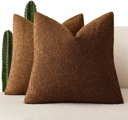 Foindtower Pack of 2 Modern Textured Boucle Throw Pillow Covers Accent Solid Decorative Pillow Cases Cozy Woven Couch Cushion Case for Chair Sofa Bedroom Living Room Home Decor 20x20 Inch Hazel Brown