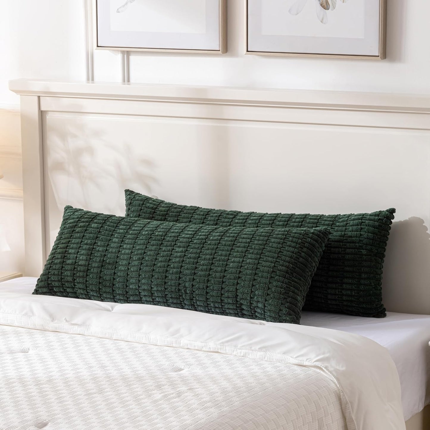 Fancy Homi Dark Green Long Body Lumbar Decorative Throw Pillow Covers 20x54 Inch for Bed Couch Bedroom Bench, Soft Corduroy Rectangle Solid Pillow Case 50x137 cm, Rustic Farmhouse Boho Room Decor
