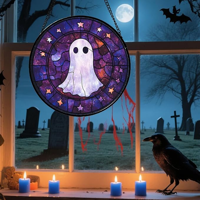 Stained Glass Window Hanging - Halloween White Star Ghost Purple Starry Sky Suncatcher for Doors Garden Indoor Spooky Sun Catchers Gothic Decor Horror Gifts for Women Men Friend 6.3 in
