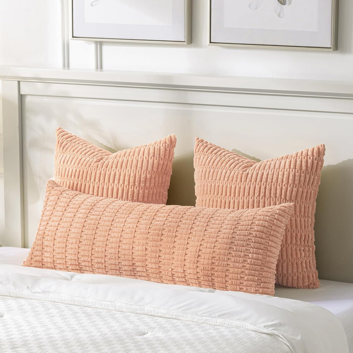 Fancy Homi Peach Long Body Lumbar Lumbar Decorative Throw Pillow Covers 20x54 Inch for Bed Couch Bedroom Bench, Soft Corduroy Rectangle Solid Pillow Case, Rustic Farmhouse Boho Room Decor