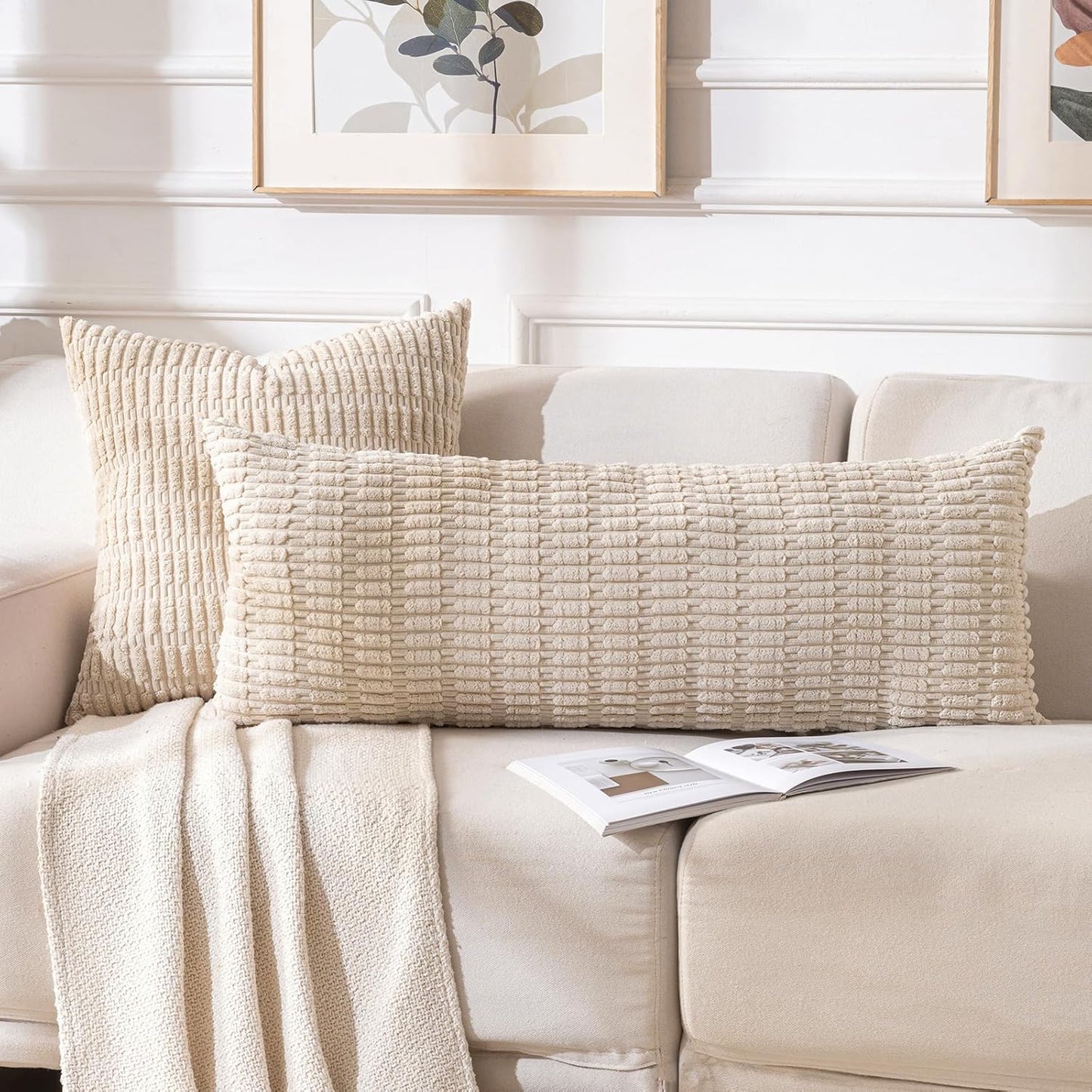 Fancy Homi Tan Long Body Lumbar Decorative Throw Pillow Cover 14x36 Inch for Bed Couch Bedroom Bench, Soft Corduroy Rectangle Solid Pillow Case 35x91 cm, Beige Rustic Farmhouse Boho Room Decor