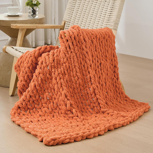 Bigacogo Chunky Knit Throw Blanket for Couch, 40x40 inches, 100% Hand Knitted with Thick Jumbo Chenille Yarn, Cozy Soft Large Rope Knot Cable Crochet Blankets for Sofa Bed Living Room, Terracotta