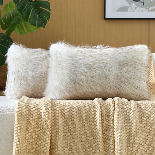FUTEI Coffee White Decorative Throw Pillow Covers 12x20 Inch Set of 2,Soft Fluffy Faux Fox Fur Textured Lumbar Pillow Case,Modern Home Decor for Couch Living Room