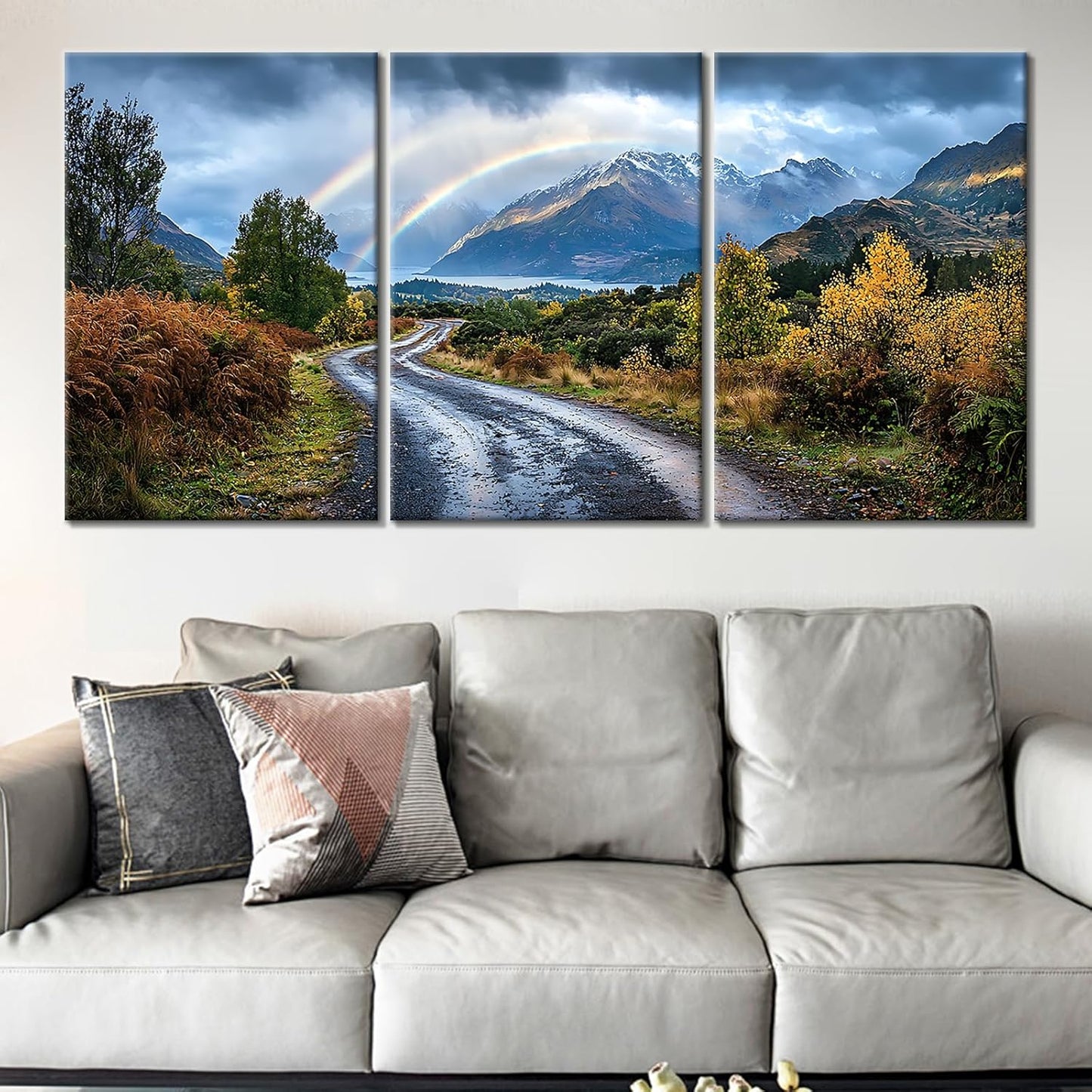 Landscape Canvas Wall Art 3 Pieces Winter Rainbow Forest Defoliation Mountain Picture Print Scenery Theme Poster Painting Artwork for Modern Home Living Room Office Stretched and Framed [72''Wx 36''H]