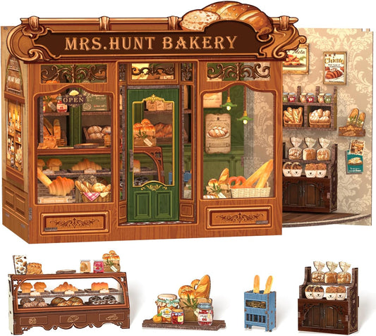 Cutefun Book Nook Kit - DIY Miniature House Dollhouse Kit, Book Nook Kits for Adults, Bookshelf Insert Bookend with LED Light for Teens and Adults (Mrs.Hunt Bakery)
