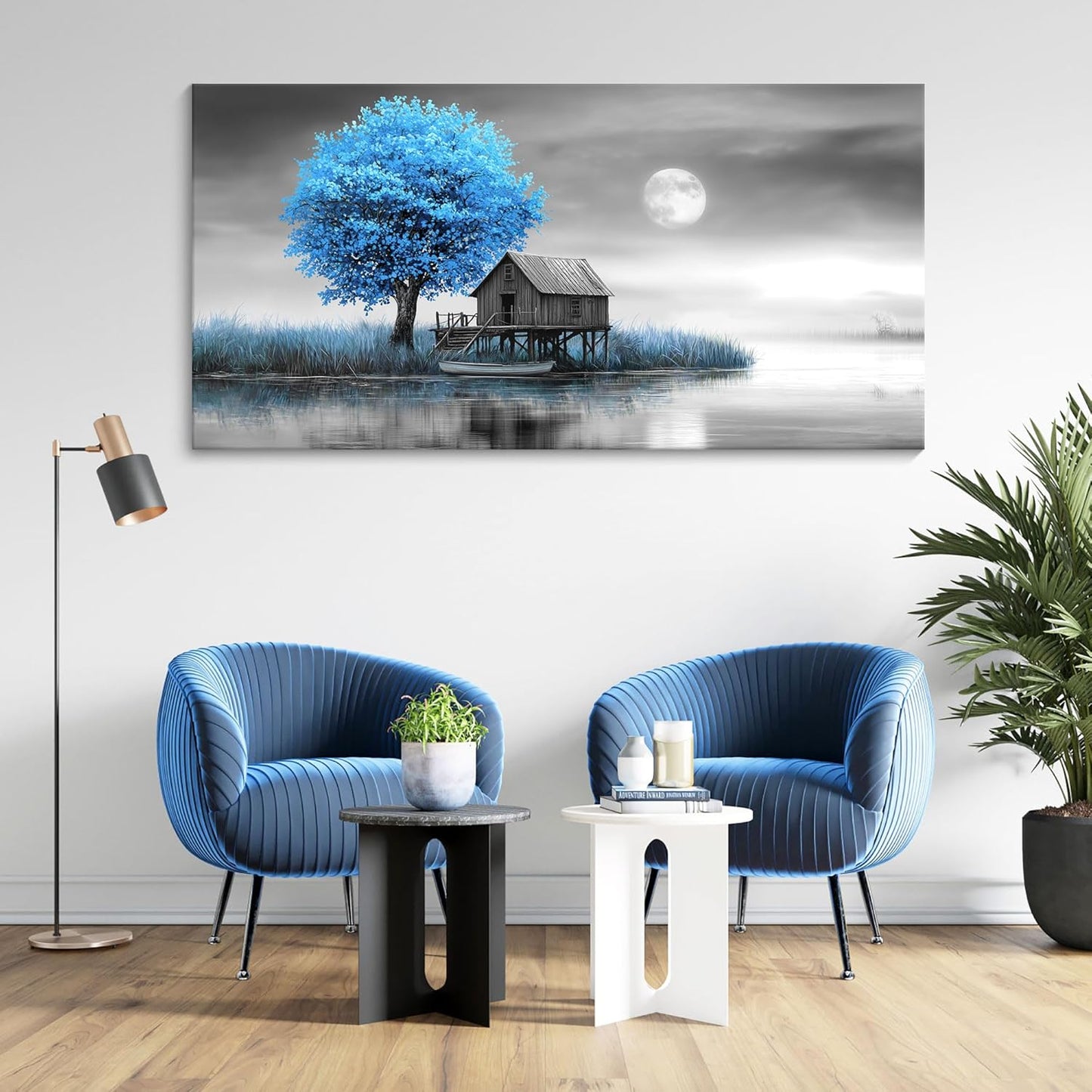 JEAWA Large Canvas Wall Art Decor - Blue Gray Wall Art for Living Room Home Office, Winter Landscape Wall Art Canvas Paintings, Moon Pictures Wall Decor, Tree Art Wall Decor, 29x58 IN