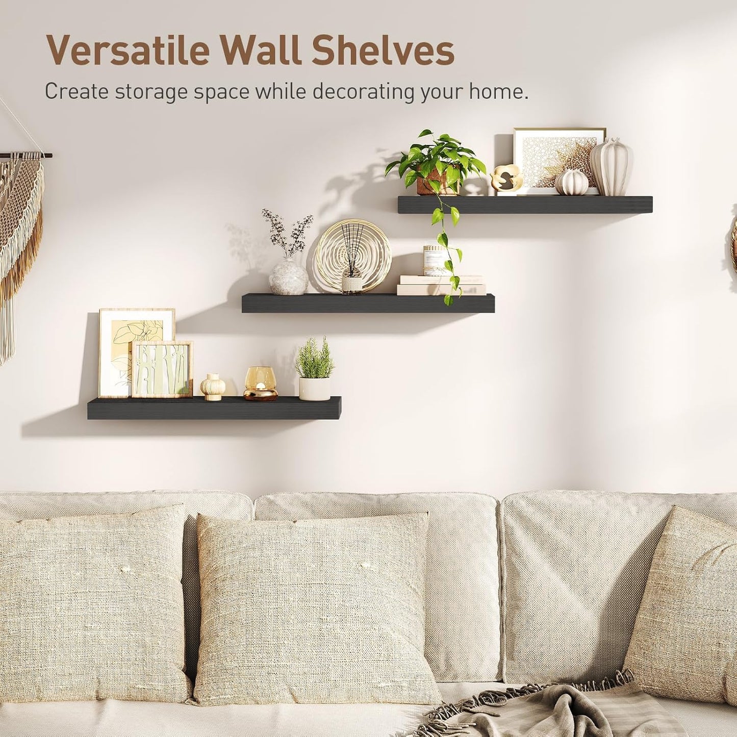 Floating Shelves for Wall, 1.5" Thick Wall Shelf Set of 3 with Invisible Brackets, 23.6L x 7.9W Hanging Book Shelves Farmhouse Home Decor for Bathroom, Living Room, Bedroom, Black 6301BJP3BK
