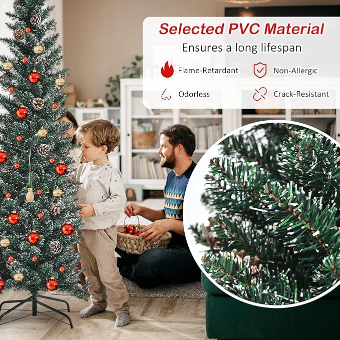 5 ft Pencil Christmas Tree, Slim Flocked Christmas Tree with 214 PVC Branch Tips, 25 Pine Cones & Foldable Metal Stand, Skinny Xmas Trees, Artificial Christmas Tree for Home, Office, Holiday