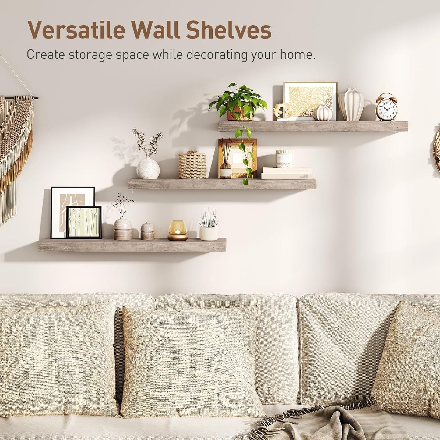 Floating Shelves for Wall, 1.5" Thick Wall Shelf Set of 3 with Invisible Brackets, L31.5 x W7.9 Hanging Book Shelves Farmhouse Home Decor for Bathroom, Living Room, Bedroom, Greige 8301BJP3BG