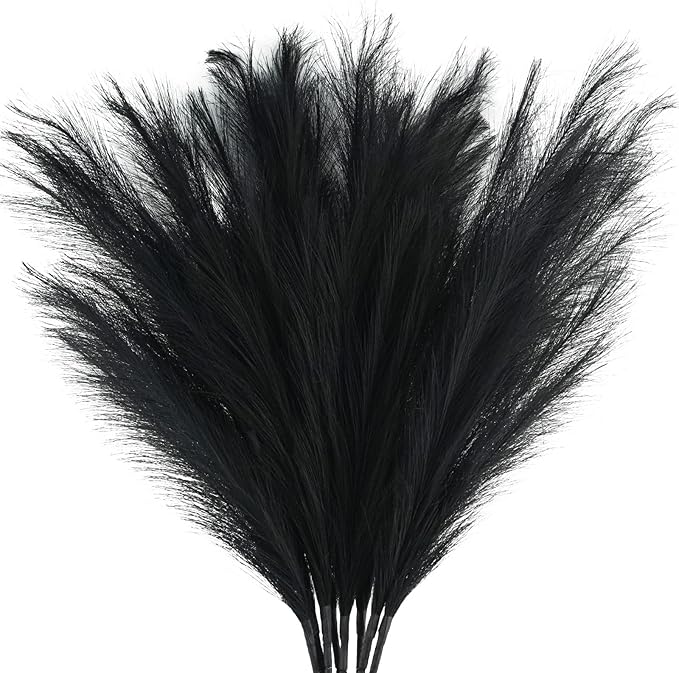 35" Faux Pampas Grass Decor, 8pcs Large Tall Fluffy Artificial Pompous Grass Branches Floral Fake Pompas Grass Bulrush Floor Vase Filler Flower Arrangement for Home Wedding Boho Decor Black