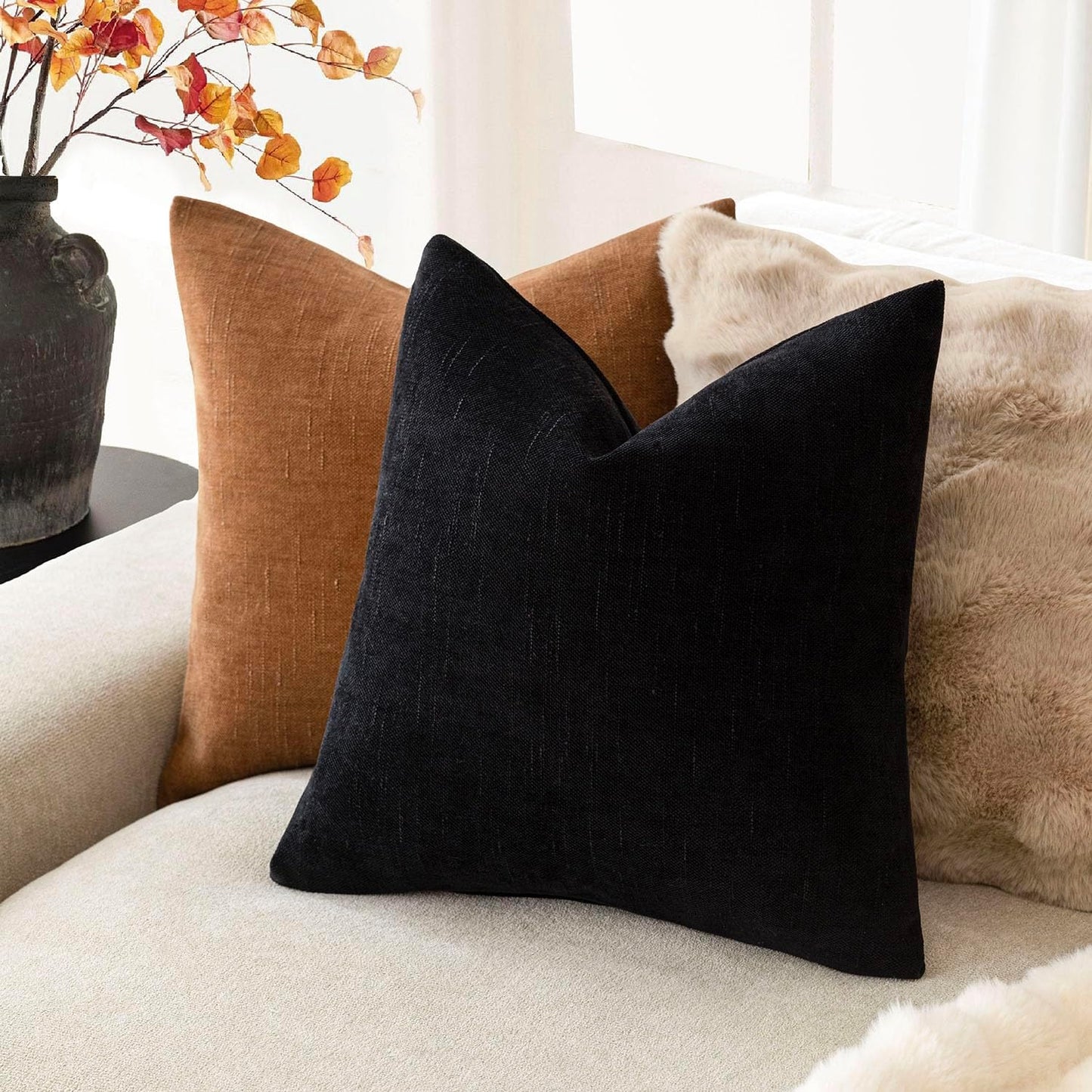 Foindtower Pack of 2 Soft Textured Chenille Throw Decorative Pillow Covers Square Accent Solid Cushion Cover Cozy Farmhouse Pillow Case with Zipper for Couch Sofa Bedroom Living Room 22x22 Inch, Black