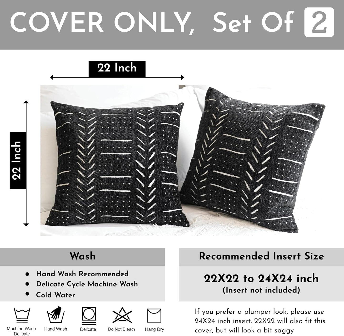 BlissBlush Black Decorative Throw Pillow Covers 22X22, Set of 2, Boho Farmhouse Cushion Cover, Cozy Soft Accent Pillowcase for Couch Sofa Bed Living Room Home Décor