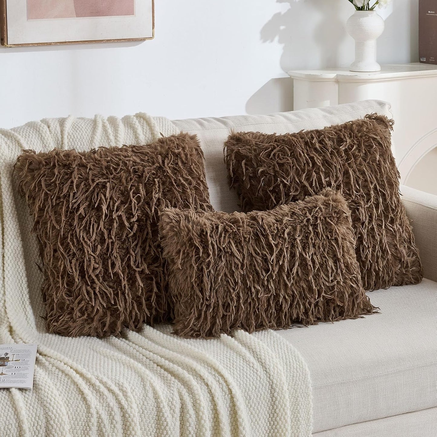 FUTEI Brown Decorative Throw Pillow Covers 12x20 Inch Set of 2,Soft Fluffy Faux Feather Texture Lumbar Pillow Cases,Modern Home Luxury Decor for Couch Bed Living Room