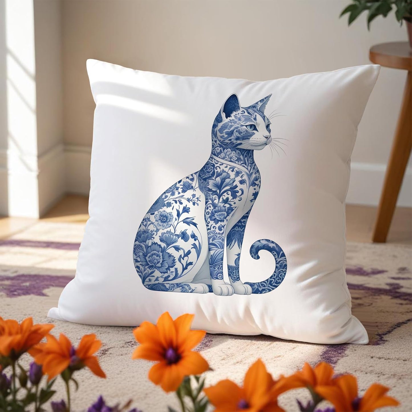 Blue and White Chinoiserie Floral Pillow Covers 18x18, Gifts for Cat Lovers Mom Lady Owners, Elegant Kitten Kitty Decorative Pillow Covers for Home Bedroom Living Room Decor, Pet Lover Gifts