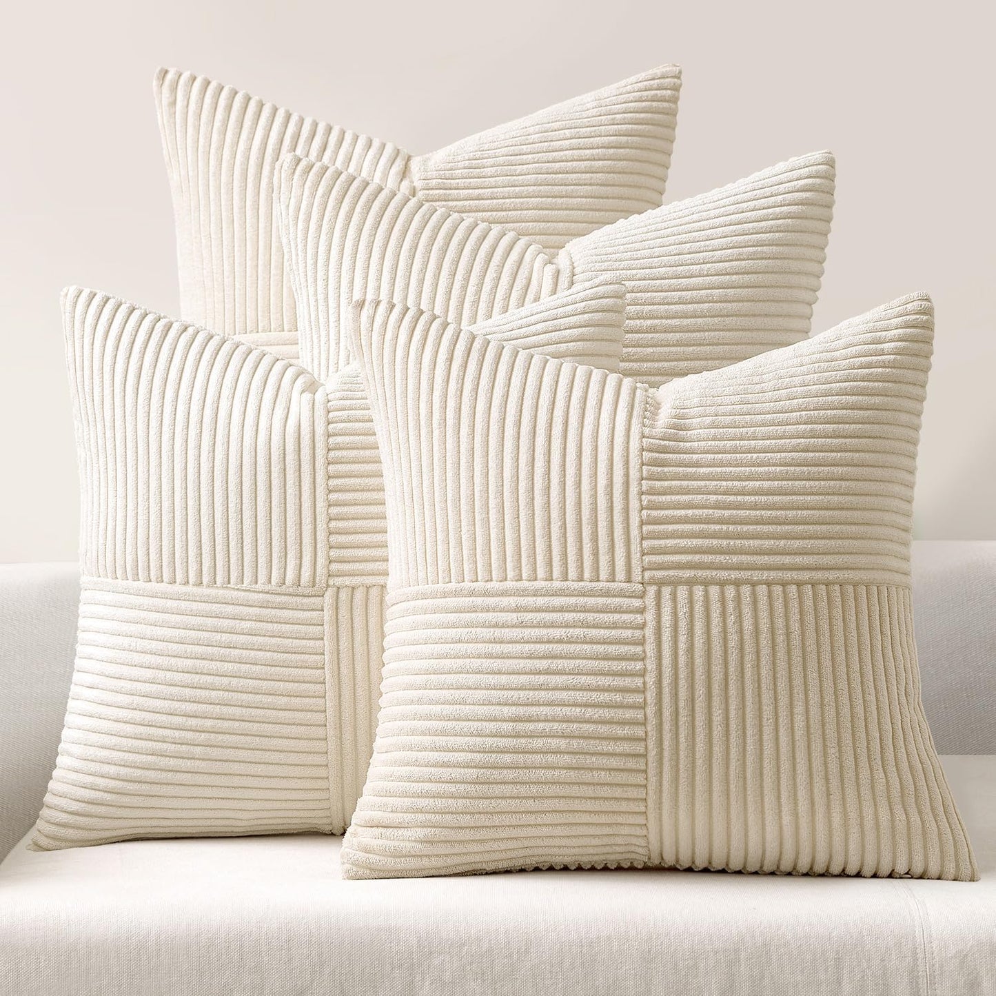 MIULEE Beige Throw Pillow Covers 20x20 Inch Set of 4 Boho Patchwork Cushion Cases Modern Farmhouse Pillow Cases with Invisible Zipper Corduroy Striped Home Decor for Couch Sofa Bedroom