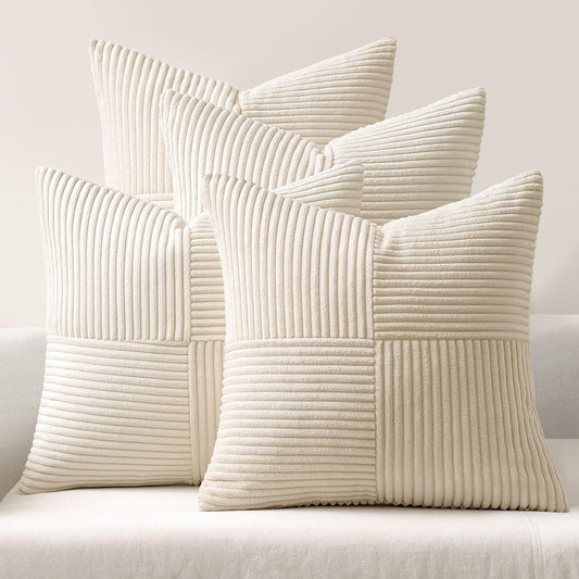 MIULEE Beige Throw Pillow Covers 20x20 Inch Set of 4 Boho Patchwork Cushion Cases Modern Farmhouse Pillow Cases with Invisible Zipper Corduroy Striped Home Decor for Couch Sofa Bedroom