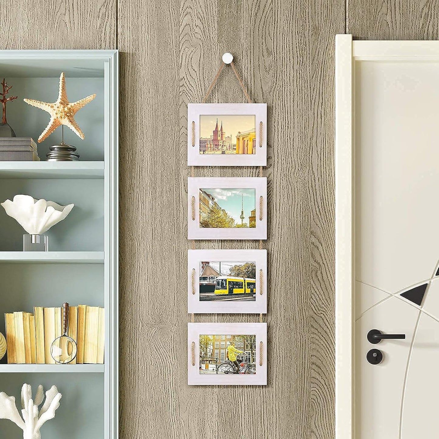 DLQuarts 5x7 Hanging Picture Frames Collage Wall Decor, 4-Opening 5x7 Matted to 3.5x5 Photo Rustic Wood Frame with Hemp Rope, 1 Pack, Vintage White