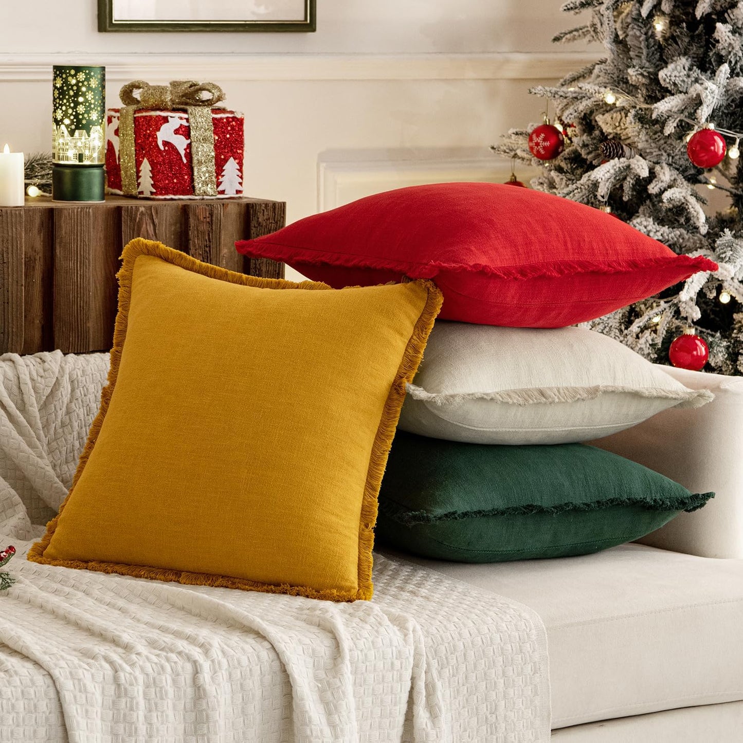 MIULEE Linen Pillow Covers 18x18 Inch Decorative Throw Pillows with Fringe Pack of 4 Soft Farmhouse Boho Couch Pillows Home Decors for Sofa Cushion Living Room Bed Dark Green and Yellow