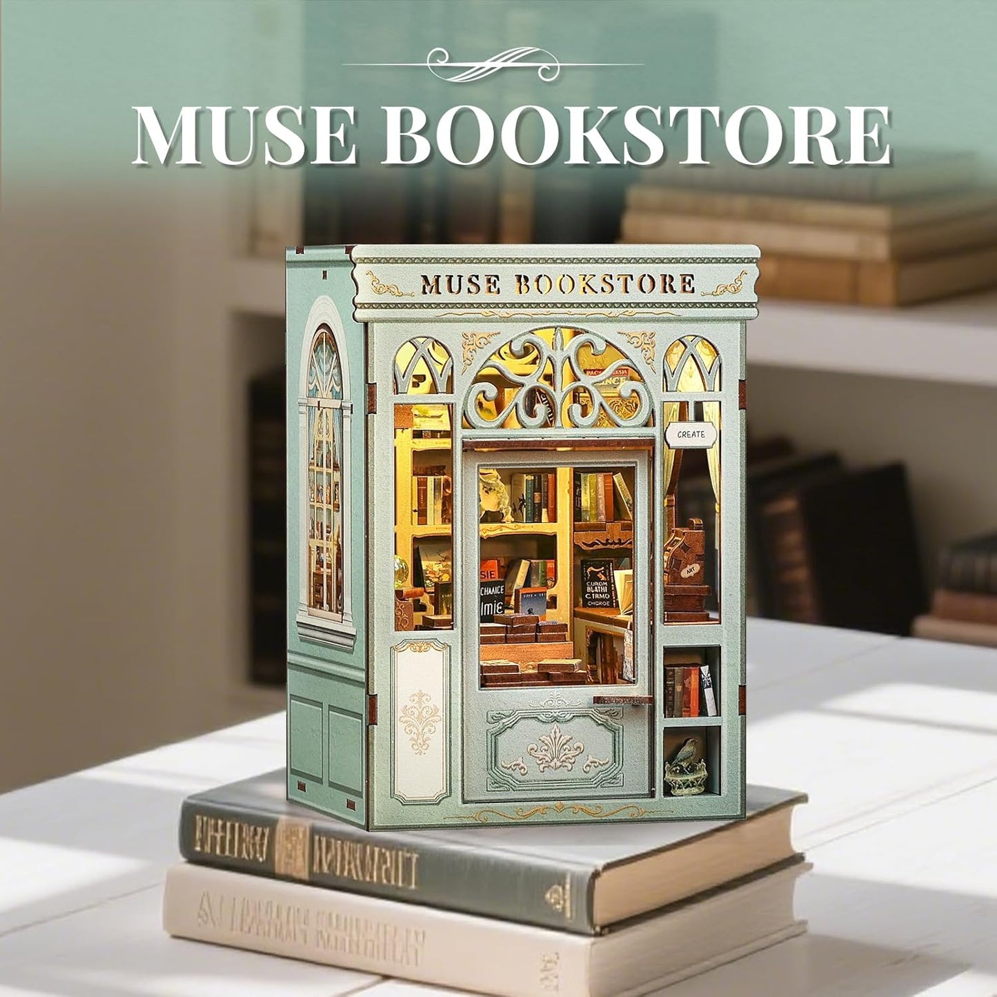 Cutefun Book Nook Kit - DIY Miniature Dollhouse Kit 3D Creative Decorative Bookend 3D Wooden Puzzle for Adults, Bookshelf Insert Library Decor with LED Light (Muse Bookstore)
