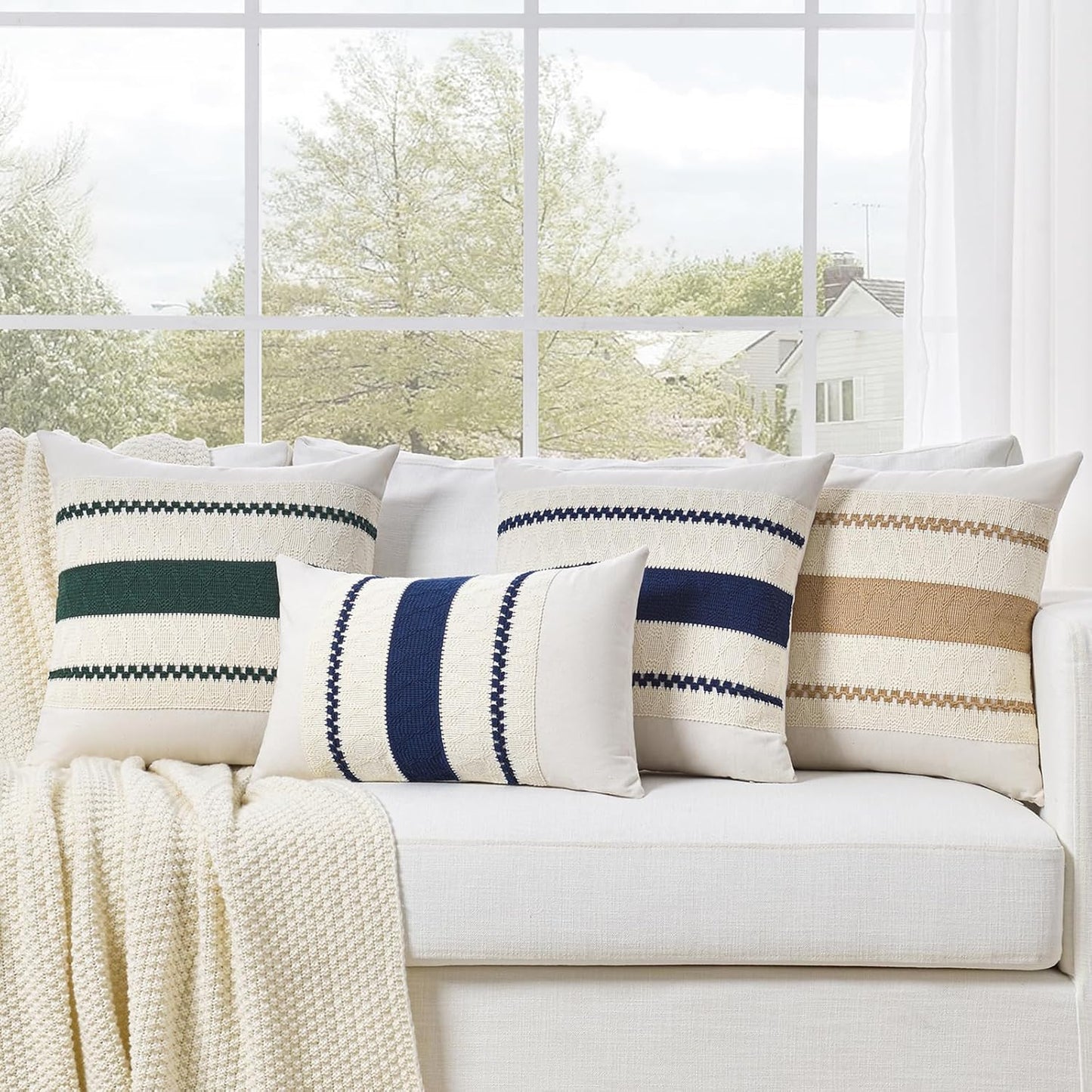 Fancy Homi Set of 1 Tan Neutral Decorative Throw Pillow Cover 20x20 Inch for Couch Bed Sofa, Aesthetic Modern Organic Farmhouse Boho Home Decor, Soft Cotton Cute Accent Macrame Woven Cushion Case