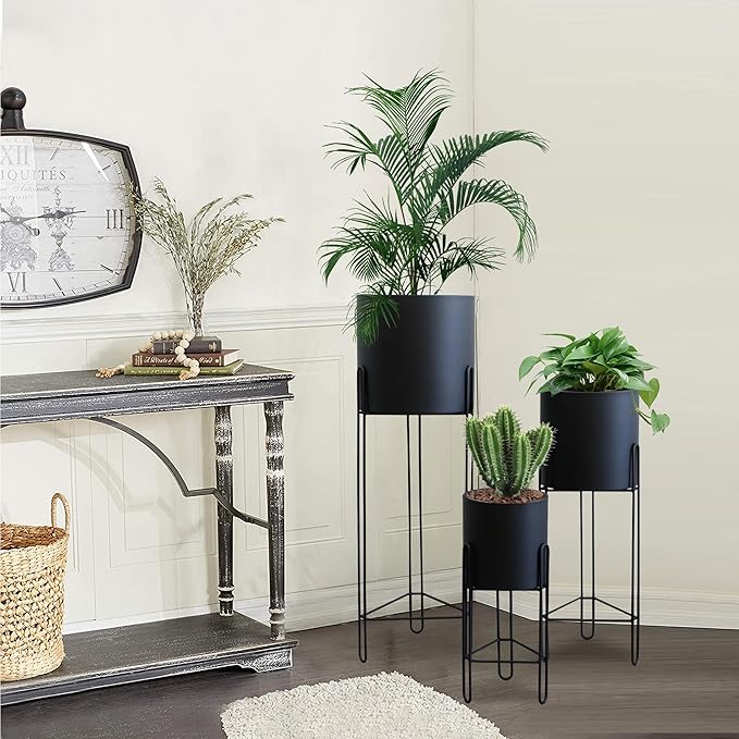 TRIROCKS Set of 3 Planters with Stand Indoor Otdoor Tall Planters for Indoor Plants 29 &18 &12" Morden Planters Flower Pots for Living Room Corner Kitchen Office Garden Balcony Patio Decor(Black)