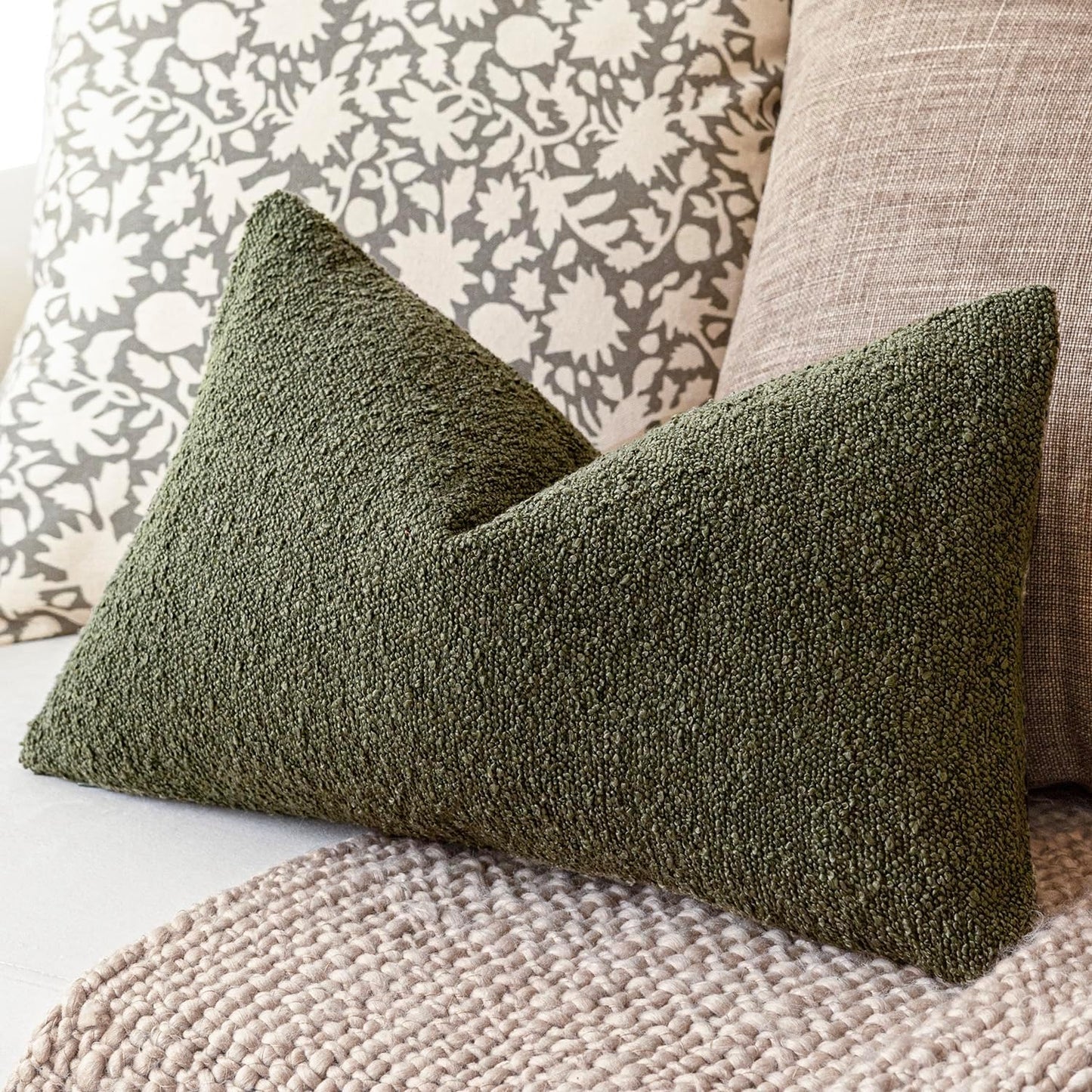 Foindtower Decorative Textured Boucle Throw Pillow Covers Accent Solid Lumbar Pillow Cases Neutral Soft Cozy Couch Cushion Case for Chair Sofa Bedroom Living Room Home Decor 12x20 Inch,1PC,Moss Green