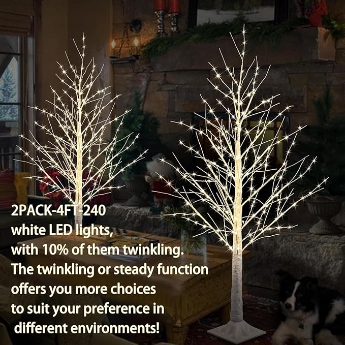 2pack 4FT 240 LED Christmas Birch Tree Warm White Lights with Twinkle Lights, LED Lighted Birch Tree for Indoor Outdoor Christmas Tree Decorations