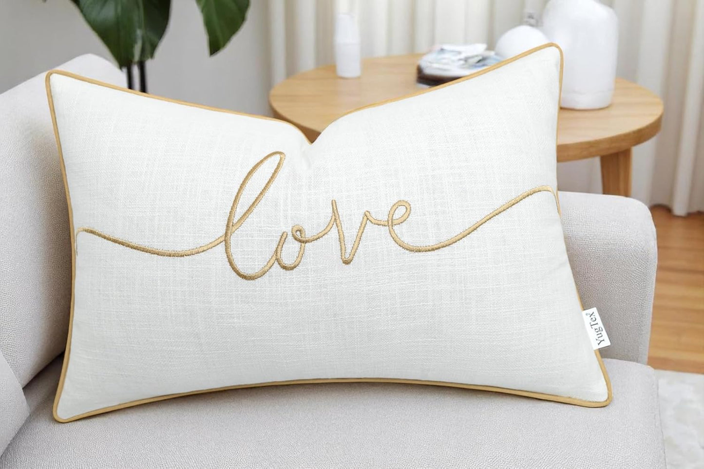 Love Sentiment Embroidered Lumbar Accent Throw Pillow Cover - Newlyweds, Bedroom Decor, Sofa - 12x18, Ivory