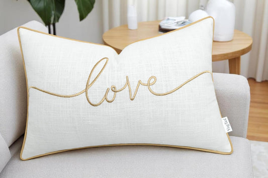 Love Sentiment Embroidered Lumbar Accent Throw Pillow Cover - Newlyweds, Bedroom Decor, Sofa - 12x18, Ivory
