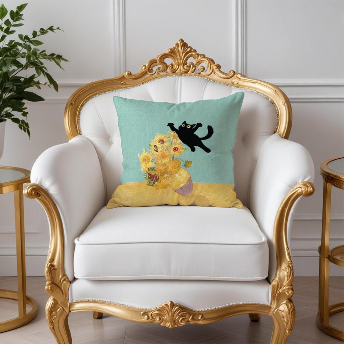 Floral Black Cat Pillow Covers 18x18, Cats Lovers Mom Grandma Gifts for Mother's Day, Funny Van Gogh Sunflower Black Cat Art Pillow Covers for Home Bedroom Living Room Office Decor