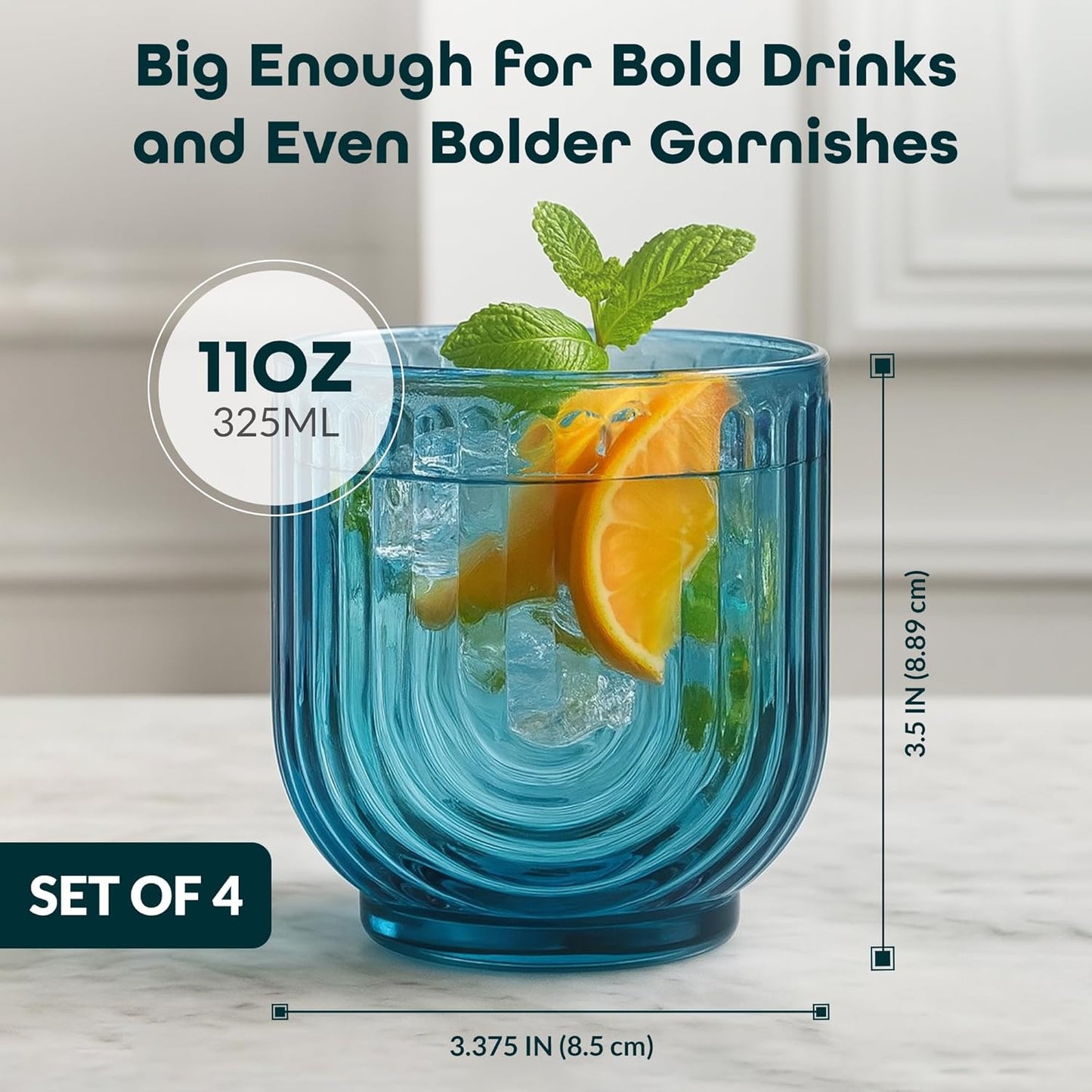 Glaver's Vintage Glassware Art Deco Glasse Ribbed Drinking Glasses U-Shape Arch Design Colored Cocktail Kitchen Tumblers Everyday Dinner Decorative Party, Blue (Blue S/4 11oz)