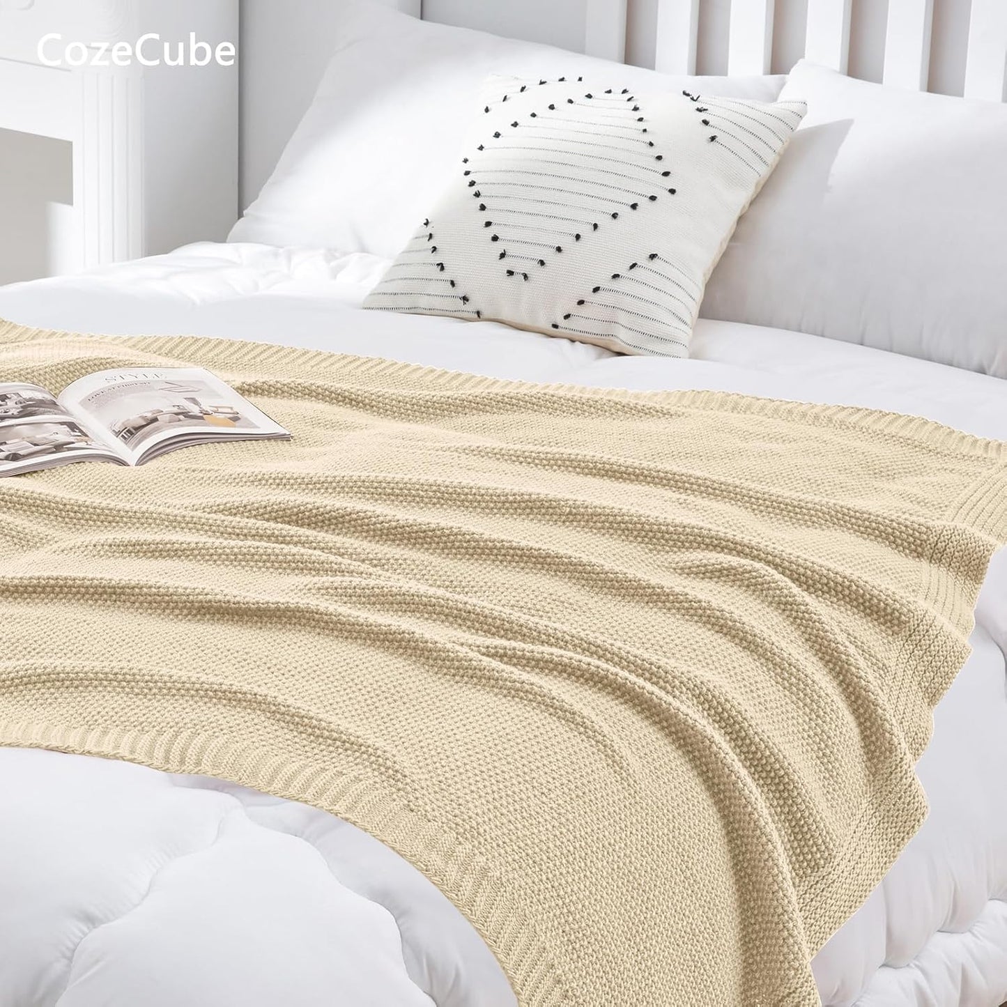 CozeCube Beige Throw Blanket for Couch, Soft Cozy Cable Knit Throw for Bed Sofa Living Room, Lightweight Warm Decorative Farmhouse Christmas Blanket, 60"x80", Light Beige
