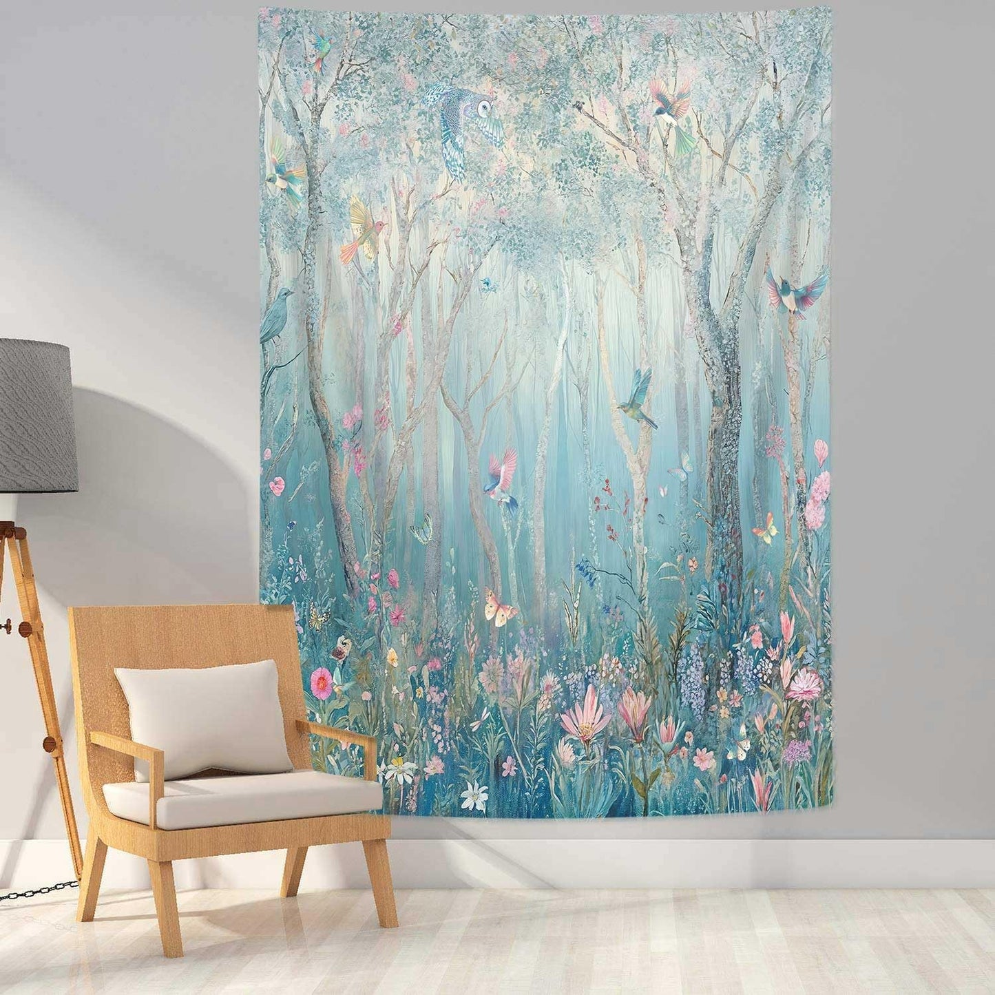 DYNH Enchanted Forest Tapestry,Fairytale Woodland Vertical Wall Hanging,Jungle with Tree Bird Flowers Plant Aesthetic for Bedroom Decor Art Tapestries Poster Blanket,36X48IN