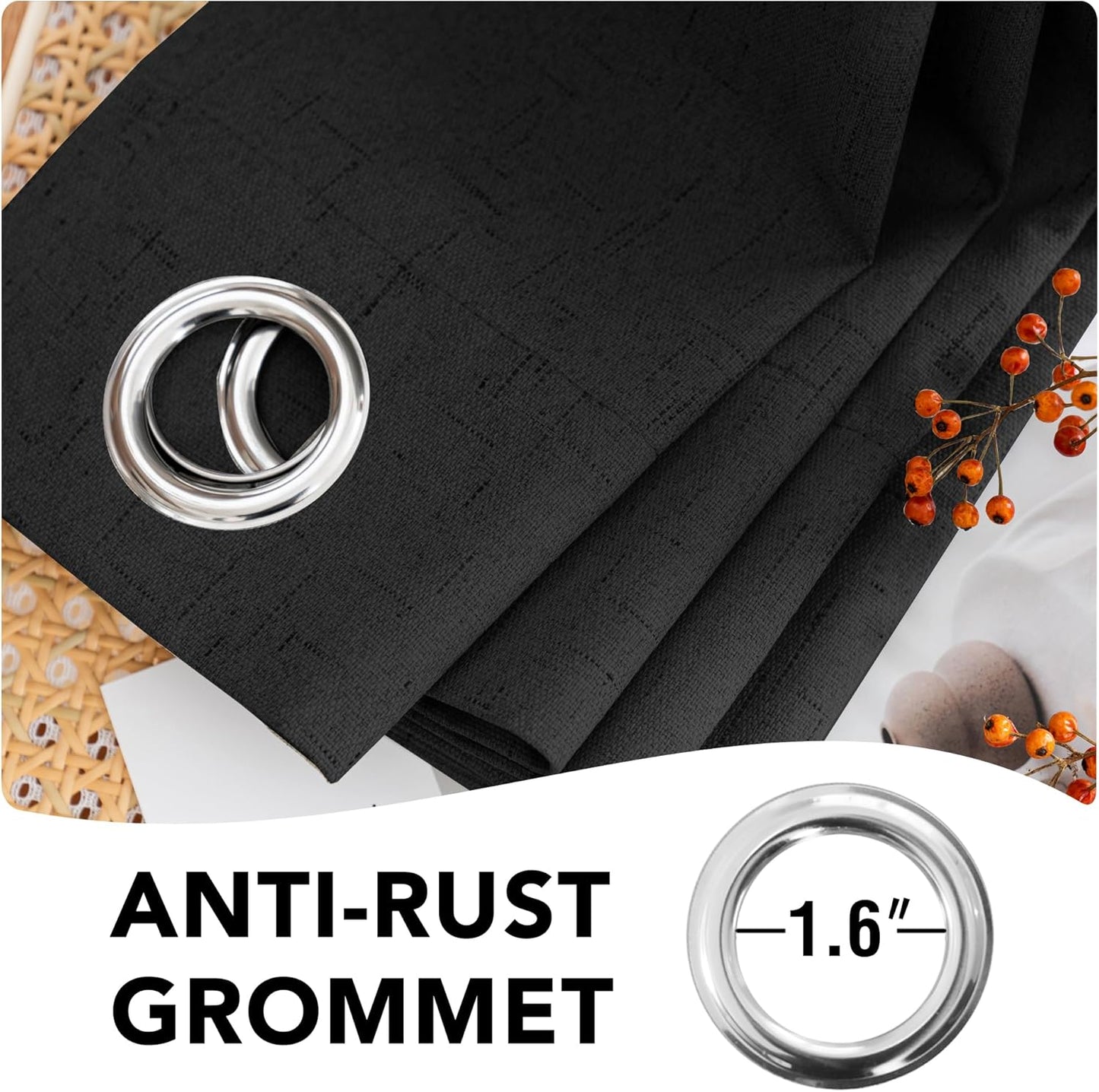 H.VERSAILTEX Linen Blackout Curtains 108 Inches Long 100% Blackout Thermal Insulated Textured Linen Look Curtain Draperies Anti-Rust Grommet, Energy Saving with White Liner, 2 Panels, Black