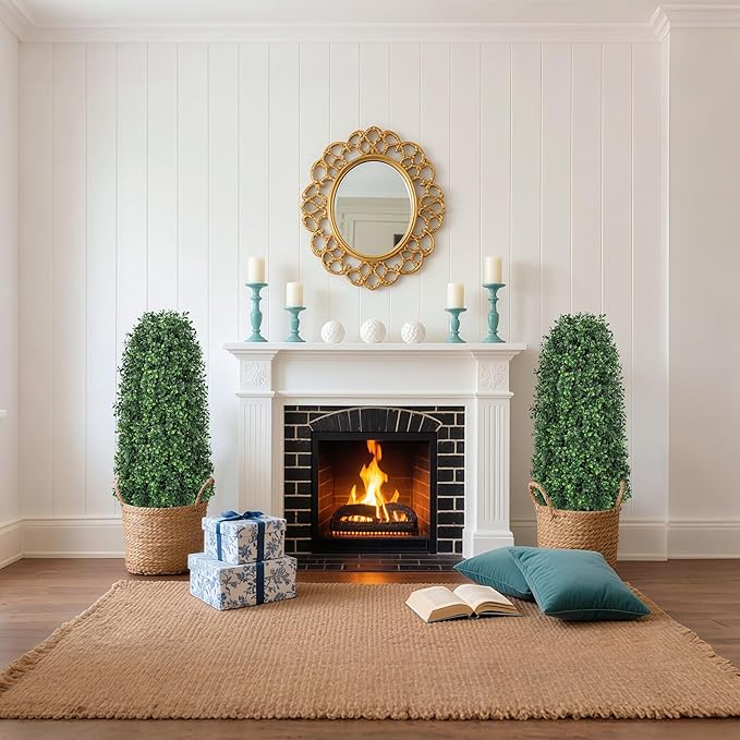 3 FT Artificial Boxwood Trees Outdoors, 36 inch Faux Boxwood Topiary, Set of 2 UV Resistant Bushes & Fake Evergreen Shrubs for Patio Yard Porch Fence Outside Decor