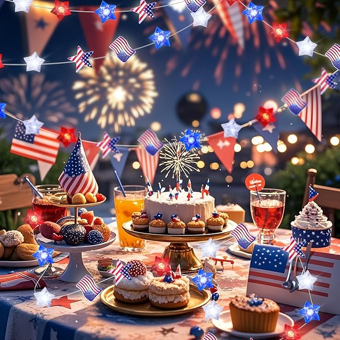 ZGWJ 4th of July Decorations USB String Lights, 1 Pack 50LED 16FT Red White and Blue Flag Stars Patriotic Fairy Lights with Timer Outdoor Waterproof for Memorial Day Presidents Day Independence Day