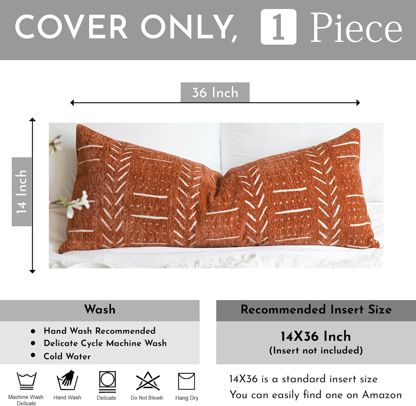 BlissBlush Fall Brick Red Boho Lumbar Throw Pillow Cover 14X36, Decorative Long Accent Body Lumbar Pillow for Bed, Farmhouse Woven Soft Chenille Textured Lumbar Pillowcase for Couch (Cover ONLY)