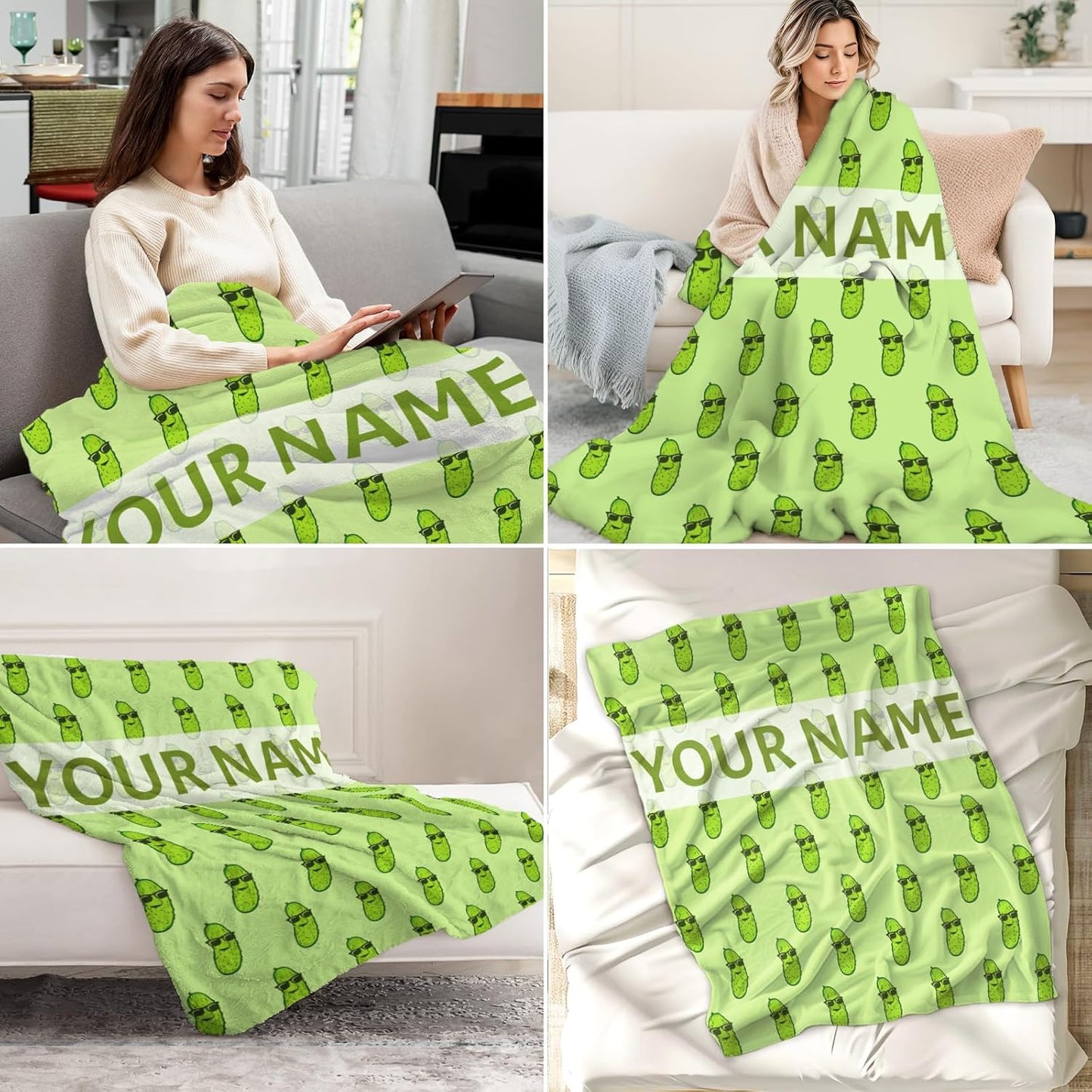 Custom Pickle Blanket for Girls - 30x40 Inches Lap Size with Name - Soft Fuzzy Plush Throws Gift - Green Funny Throw Blanket for Couch, Office