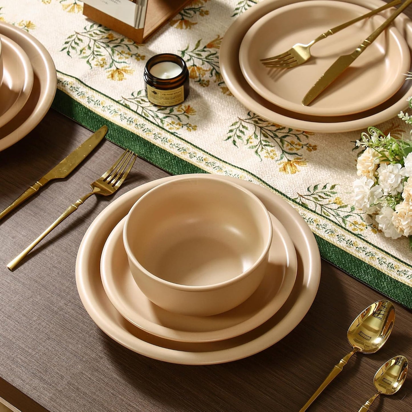 GZG Vintage Series - Ceramic Dinnerware Set for 4, 12 Pieces Stoneware Plates and Bowls Set, Lead-Free, Handcrafted Dishes Set, Microwave & Dishwasher Safe - Warm Apricot