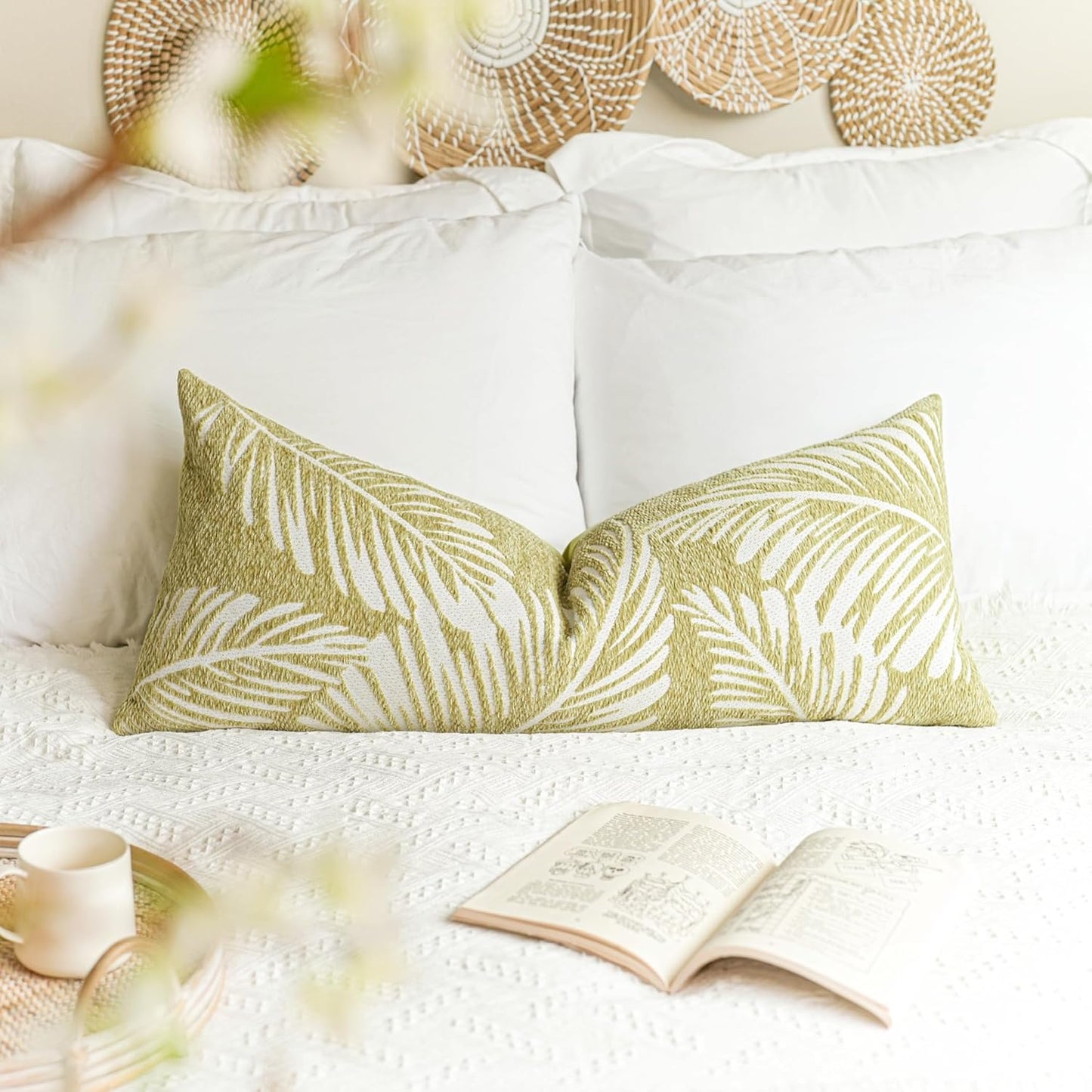 BlissBlush Green Boho Lumbar Throw Pillow Cover 14X36, Decorative Long Accent Body Lumbar Pillow for Bed, Farmhouse Woven Textured Lumbar Pillowcase for Couch (Cover ONLY)