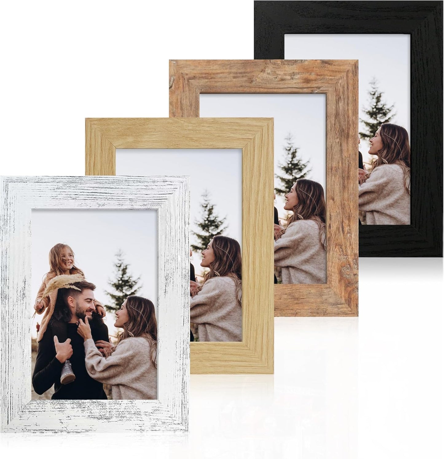 iRahmen 4x6 Picture Frame Set of 4, High Definition Real Glass 4 x 6 Photo Frames for Tabletop Display and Wall Mounting (Distressed White+Oak+Rustic Brown+Black)