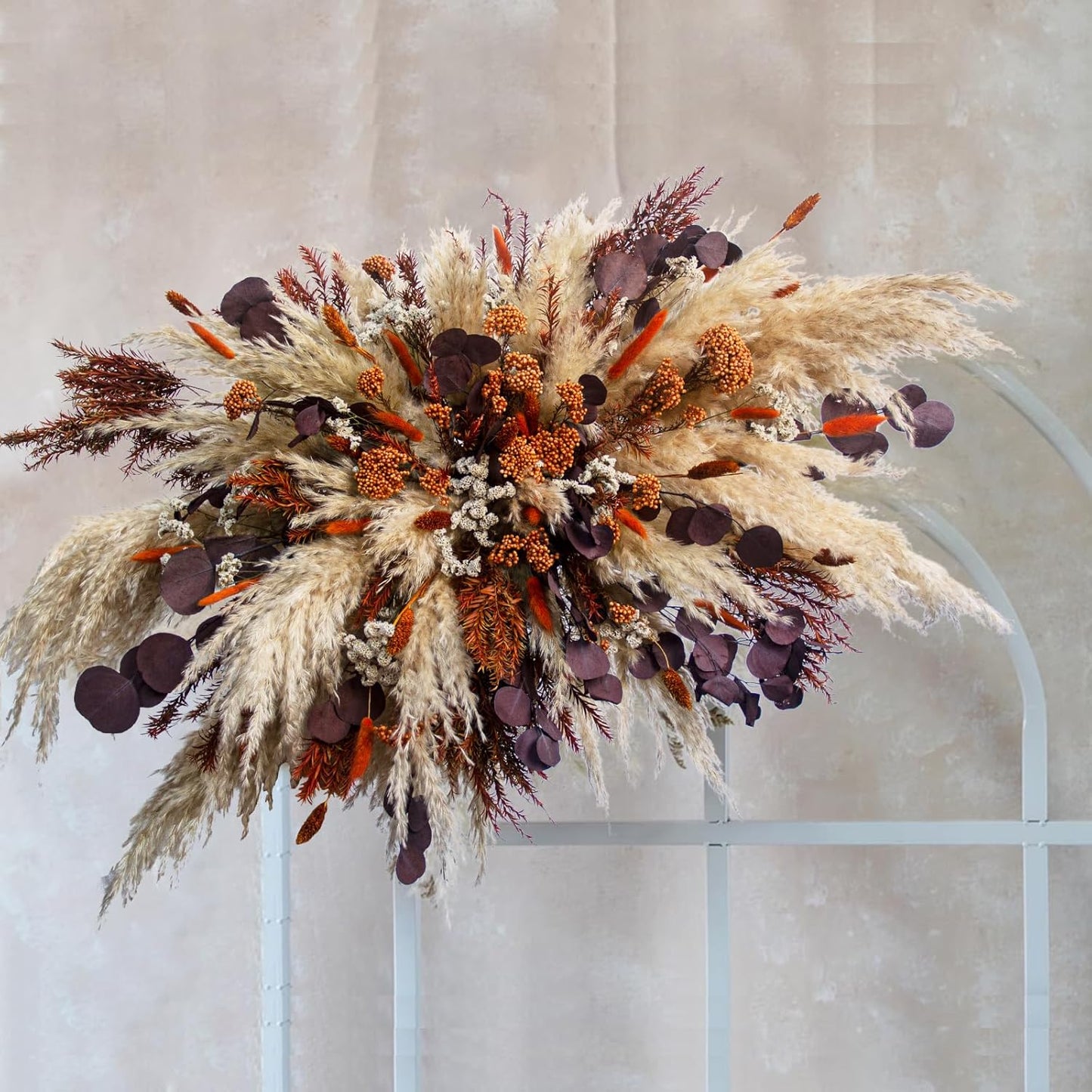 Fall Pampas Grass Wall Decor, Boho Floral Arch Swag with Orange Accents and Purple Eucalyptus, Thanksgiving Wedding Backdrop Arrangement