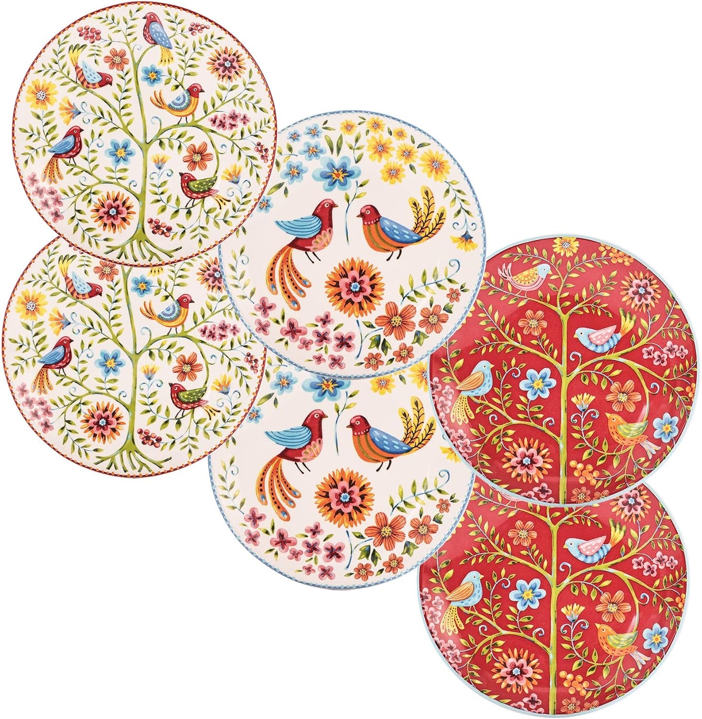 Bico Red Spring Bird Appetizer Plates Set of 6, 6 Inch Small Ceramic Dessert Plates for Snacks, Salad, Tablescape, Microwave and Dishwasher Safe, Gift for Housewarming and Thanksgiving