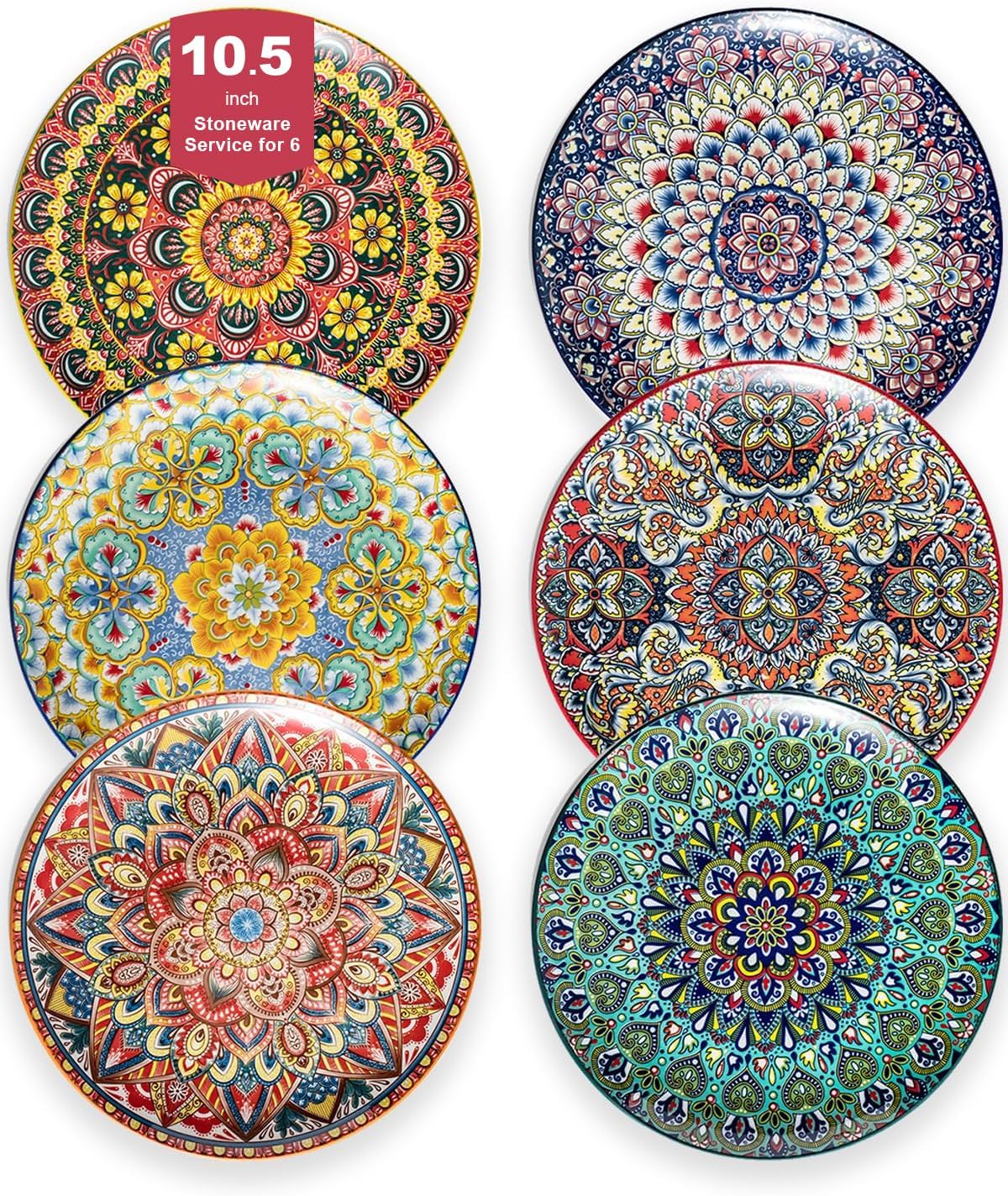 Dinner Plate Set of 6, 10.5-inch Large Plate for Dessert, Pasta, Salad, Ceramic Bohemian Dishes for Kitchen Microwave Dishwasher Safe