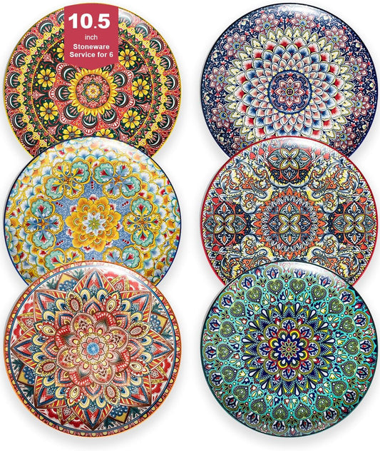 Dinner Plate Set of 6, 10.5-inch Large Plate for Dessert, Pasta, Salad, Ceramic Bohemian Dishes for Kitchen Microwave Dishwasher Safe