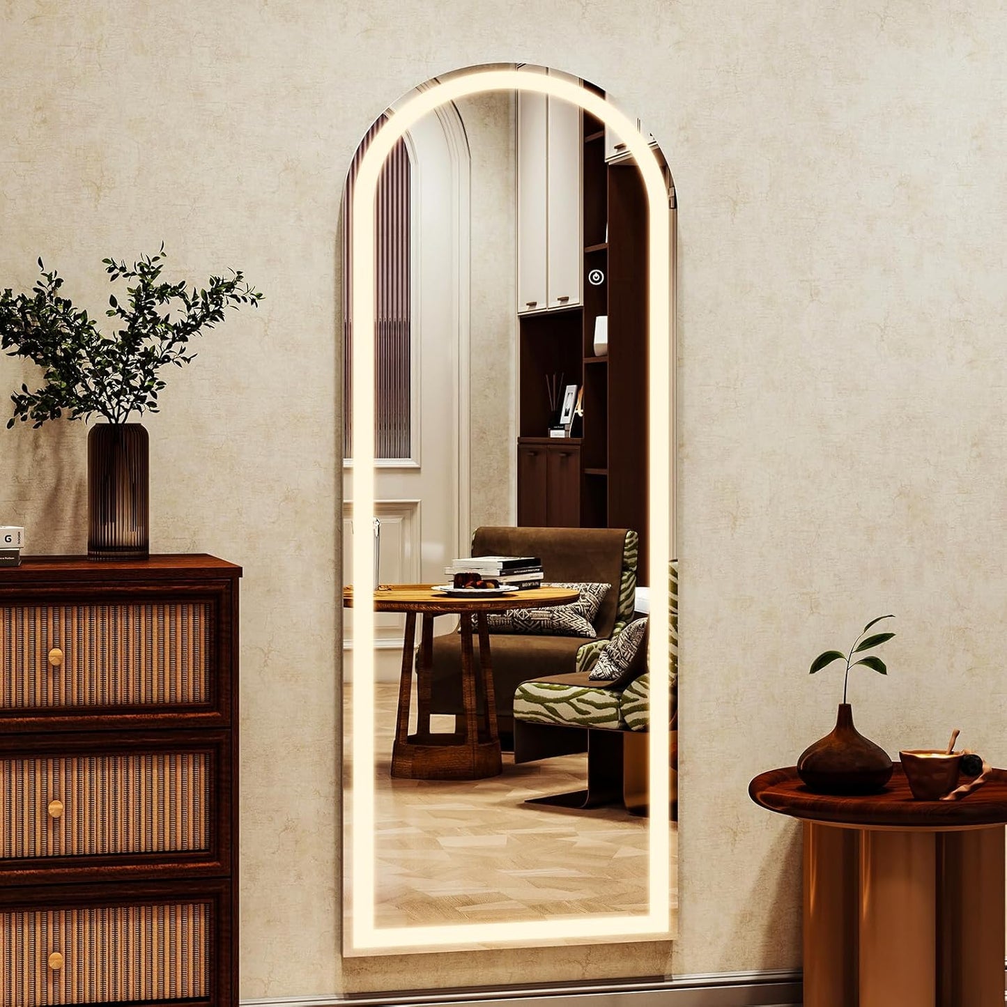 LED White Arched Full Length Mirror - 21“ x 64” Adjustable Brightness, Touch Screen Controls, Wall Mounted or Freestanding for Bedroom, Living Room, Cloakroom Dressing Mirror