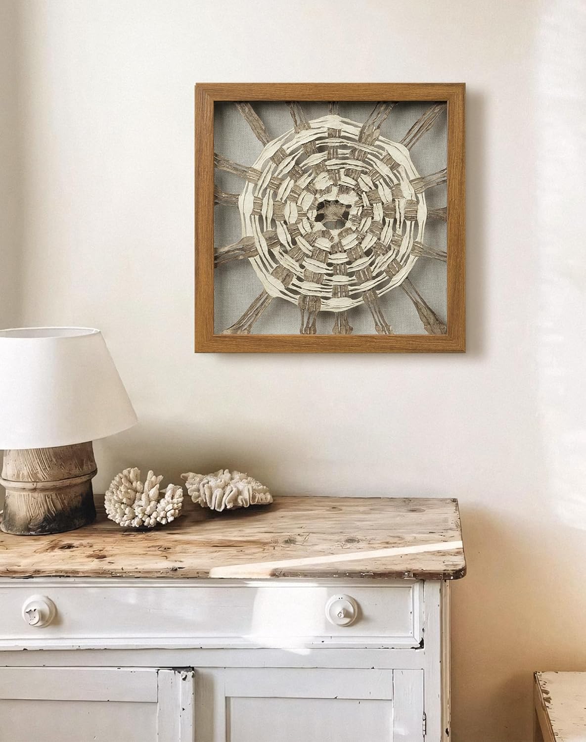 FOLKOR Framed Wall Art for Modern Home Office Apartment, 12" 3D Starburst Shadow Box Wall Accent for Rustic Farmhouse Living Room Bedroom Classroom, Natural Geometric Hanging Artwork Panel