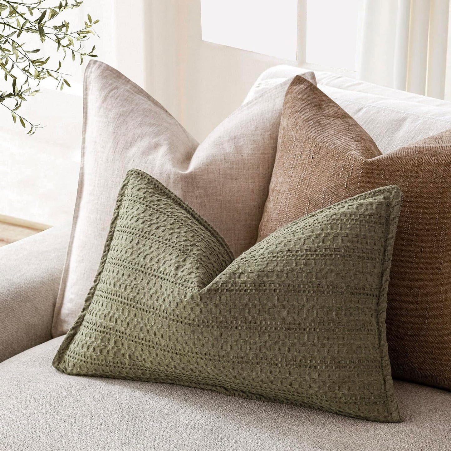 Foindtower Set of 2 Decorative Cotton Waffle Weave Lumbar Throw Pillow Covers Euro Shams Cushion Covers Accent European Pillowcase for Bed Couch Bedroom Living Room Home Decor 12×20 Inch Olive Green