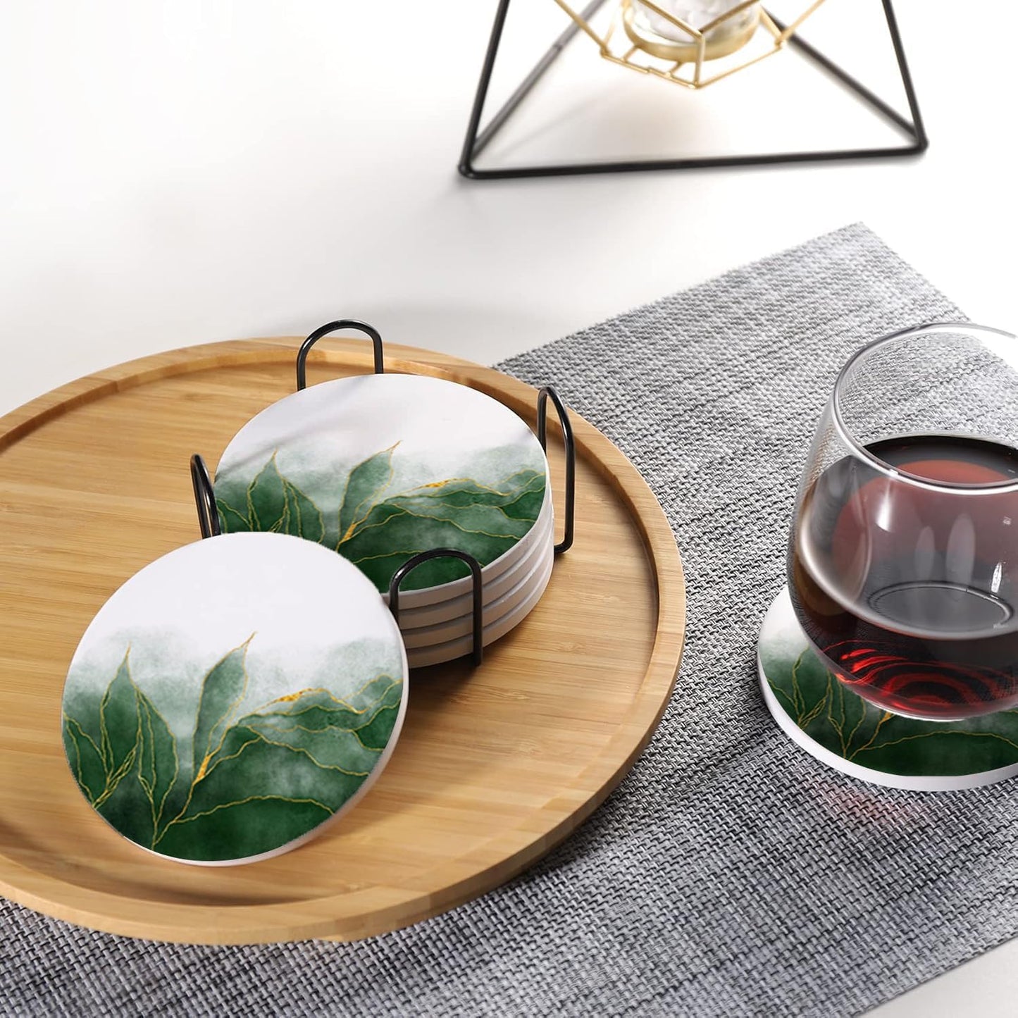 LOKMU Coasters for Drinks,Round Absorbent Ceramic Stone Coaster Sets of 6 with Metal Holder Stand,Green Paint and Golden Shiny Veins Coasters with Cork Base for Coffee Wooden Table,Housewarming Gifts