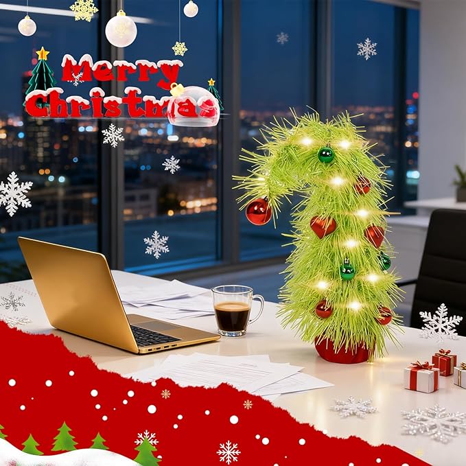 16 inch Pre-Lit Mini Christmas Tree with Ornaments Included, Lime Green Whimsical Artificial Tabletop Tree for Home, Office Desk & Holiday Decor